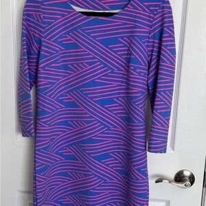 MAHI GOLD Vibrant Blue Dress with Pink Geometric Print ~ Size S